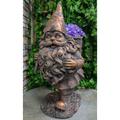 Hiking Garden Gnome With Spade And Wicker Basket Bag Floral Planter Vase Statue