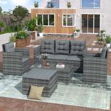 SYNGAR 5PCS Outdoor Furniture Sets Patio Conversation Sets Dining Set with 3-seat Sofa Coffee Table 2 Arm Chair and Ottoman Wicker Dining Set Bistro Set with Storage Bench Gray LJ3669