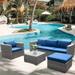 Polar Aurora 6 Pieces Patio Furniture PE Rattan Manual Wicker Sectional Outdoor Sofa Conversation Set with Cushions Glass Coffee Table Dark Blue Gray