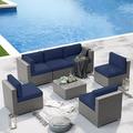 SOLAURA 7-Piece Outdoor Patio Furniture Gray Wicker Sectional Sofa Conversation Set Navy Blue