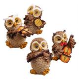 4pcs Owls Playing Music Statue Outdoor. Great Decoration for Garden Yard or House. Resin Animal Sculpture Lawn Accessories Home