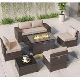 ALAULM Outdoor Patio Furniture Set with Gas Fire Pit Table 7 Pieces Patio Furniture Set Outdoor Sectional Sofa w/43in Propane Fire Pit PE Wicker Rattan Patio Conversation Sets