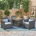 GDF Studio Polk Outdoor Faux Wicker Club Chair and Fire Pit Set 3 Piece Charcoal Light Gray and Gray