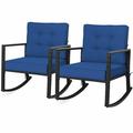 Gymax 2PCS Outdoor Wicker Rocking Chair Patio Rattan Single Chair Glider w/ Navy Cushion