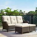PARKWELL 3-Piece Patio Conversation Set Cushioned Sofa with Ottomans Outdoor Furniture Sets Brown Wicker and Beige Cushion