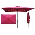 10 x 6.5 ft Rectangular Patio Umbrella with Solar Lights Outdoor Table Umbrella with Push Button Tilt & Crank 6 Sturdy Ribs for Market Deck Backyard Garden Shade Outside Swimming Pool Burgundy
