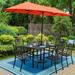 MF Studio 8-Piece Outdoor Dining Set with 13 ft Double-Sided Umbrella Metal Table & Stack-able Chairs for 6-Person Black & Orange Red