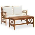 Dcenta 2 Piece Outdoor Conversation Set Garden Bench with White Cushion and Coffee Side Table Sectional Sofa Set Acacia Wood for Patio Backyard Balcony Terrace Furniture