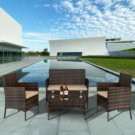4 Piece Outdoor Patio Furniture Set PE Rattan Wicker Chair Set Sectional Furniture Bistro Set with Cushions and Tea Table Wicker Conversation Set for Backyard Lawn Porch Garden Poolside B426