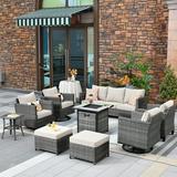 Ovios 9 Pieces Outdoor Patio Furniture with 30Inch Gas Fire Pit Table CSA Approved Grey Wicker Conversation Set with 360 Degree Swivel Rocking Chair