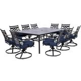 Hanover Montclair 11-Piece Dining Set in Navy Blue with 10 Swivel Rockers and a 60-In. x 84-In. Table
