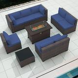 ALAULM Outdoor Patio Furniture Set with Gas Fire Pit Table 10 Pieces Outdoor Furniture Set Patio Sectional Sofa w/43in Propane Fire Pit PE Wicker Rattan Patio Conversation Sets