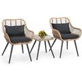 JOIVI 3-Piece Patio Set Outdoor Wicker Conversation Bistro Sets for Porch Backyard with Square Glass Top Coffee Table Cushions and Lumbar Pillows