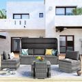 Syngar Outdoor Daybed Sunbed 5 Piece Patio Wicker Furniture Set with Canopy Side Table and Ottoman Conversation Set with Gray Cushions PE Rattan Sectional Sofa Set for Pool Garden Backyard Lawn