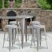 BizChair Commercial Grade 24 Round Silver Metal Indoor-Outdoor Bar Table Set with 4 Square Seat Backless Stools