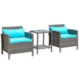 Outsunny 3pc Patio Furniture Set Cushioned Wicker Chairs & Table Green