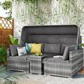 Syngar 5 Piece Patio Furniture Set Outdoor PE Wicker Daybed Sunbed w/ Retractable Canopy and Gray Cushions Sectional Conversation Sofa Set with Ottoman and Side Table for Patio Yard Porch Poolside