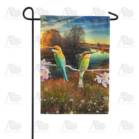 America Forever Spring Bird Garden Flag 12.5 x 18 inches Double Sided Summer River Landscape Spring Flowers - Seasonal Yard Lawn Outdoor Decorative Sunset Garden Flag