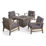 Easter Outdoor 5 Piece Acacia Wood Club Chair and Fire Pit Set Gray Finish and Gray