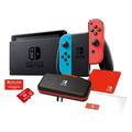 New Nintendo Switch 4 items Bundle Nintendo Switch Console with Neon Red and Blue Joy-Cons 128GB MicroSD Case and 12-month family membership