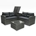 Outdoor Patio Furniture Sets 4 Pieces Wicker Sectional Sofa Set with 2 Cushioned Loveseats Glass Coffee Table and Side Cabinet Rattan Conversation Set for Backyard Poolside Deck Gray D5645