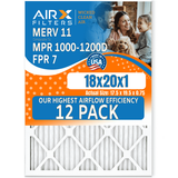 18x20x1 Air Filter MERV 11 Rating 12 Pack of Furnace Filters Comparable to MPR 1000 MPR 1200 FPR 7 High Efficiency 12 Pack of Furnace Filters Made in USA by AIRX FILTERS WICKED CLEAN AIR.