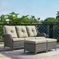 PARKWELL 3-Piece Patio Conversation Set Cushioned Sofa with Ottomans Outdoor Furniture Sets Gray Wicker and Gray Cushion