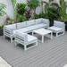 LeisureMod Chelsea 7-Piece Outdoor Patio Conversation Set in White Aluminum with Coffee Table & Cushions In Light Grey