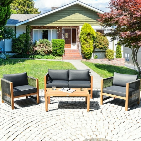 Costway 4 PCS Acacia Wood Patio Conversation Set w/Cushions for Garden Grey