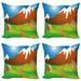 Landscape Throw Pillow Cushion Case Pack of 4 Digitally Generated Cartoon Country Outdoor Scene with House Mountains Field Modern Accent Double-Sided Print 4 Sizes Multicolor by Ambesonne