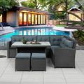 BTMWAY Patio Set Outdoor Furniture 6 Pieces Outdoor Sectional Dining Set All Weather Gray Wicker Patio Conversation Set with Bench Gray Cushion and Glass Table Patio Sofa Sets for Garden Deck