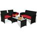 Patiojoy 4 Piece Outdoor Patio Rattan Furniture Set Red Cushioned Seat For Garden porch Lawn