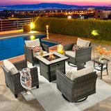 Ovios Patio Outdoor Furniture Set with Fire Pit Table 6 Pieces Outside Wicker Conversation with 360 Degrees Swivel Rocking Chair & Coffee Side Table Metal Wicker