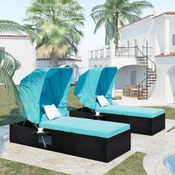 Seizeen 76.8 Outdoor Chaise Lounge 2 Set Patio Chaise Lounge with Cushions Canopy and Cup Table Adjustable Lounge Chairs for Outside Garden Pool Blue