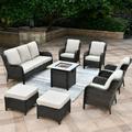 Ovios 8 Pieces Outdoor Patio Furniture Set Brown Conversation Outdoor Sectional Sofa with Gas Fire Pit CSA Approved Steel Frame