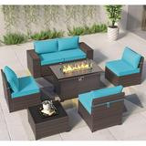 ALAULM Outdoor Patio Furniture Set with Gas Fire Pit Table 7 Pieces Patio Furniture Set Outdoor Sectional Sofa w/43in Propane Fire Pit PE Wicker Rattan Patio Conversation Sets