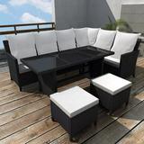 Anself 4 Piece Patio Set Cushined L-Shaped Sofa with 2 Ottomans and Coffee Table Conversation Set Poly Rattan Sectional Sofa Set for Garden Balcony Lawn Yard Deck