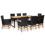 walmeck 9 Piece Patio Dining Set Poly Rattan and Acacia Wood Black