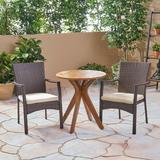 Aarav Outdoor 3 Piece Acacia Wood and Wicker Bistro Set Teak with Multi Brown Chairs
