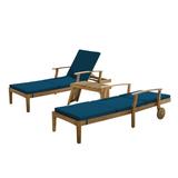 Noble House Perla Outdoor Wood 3-Pc Chaise Lounge Set with Cushion Teak/Blue