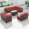 Kullavik Outdoor Patio Furniture Set with Fire Pit Table 11-Piece Outdoor Furniture Rattan Wicker Sectional Sofa Patio Conversation Sets with 43in 55 000 BTU Propane Gas Fire Pit Table Red
