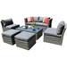 Belle Patio Sunset 6pc Wicker Outdoor Patio Furniture Conversation set with 6 Seats Tempered Glass Table Top Grey Cushions