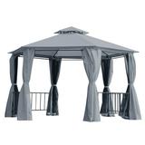 Outsunny 13 x 13 Patio Gazebo Double Roof Hexagon Outdoor Gazebo Canopy Shelter with Netting & Curtains Solid Steel Frame for Garden Lawn Backyard and Deck Gray