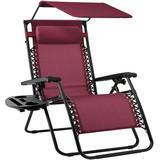 Best Choice Products Folding Zero Gravity Recliner Patio Lounge Chair w/ Canopy Shade Headrest Side Tray - Burgundy
