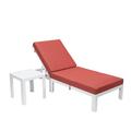 LeisureMod Chelsea Modern White Aluminum Outdoor Chaise Lounge Chair With Side Table & Red Cushions