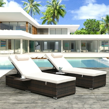 2 Piece Outdoor Patio Chaise Lounge PE Wicker Lounge Chairs with Adjustable Backrest Recliners and Side Table Reclining Chair Furniture Set with Cushions for Poolside Deck Patio Garden K2686