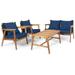 Patiojoy 4PCS Patio Rattan Furniture Set Wood Frame Cushioned Sofa with Coffee Table Sectional Conversation Sofa Set for Garden Navy