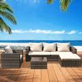 Patio Furniture Sofa Set 4 Piece Outdoor Conversation Sets with Wicker Chair 3-Seat Sofa Ottoman Glass Table All-Weather PE Rattan Patio Sectional Sofa Set for Backyard Porch Garden L4492