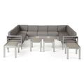 Eliezer Outdoor 9 Seater Aluminum Sectional Sofa Set with Side Tables Silver Khaki