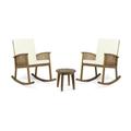 GDF Studio Miro Outdoor Acacia Wood 3 Piece Rocking Chair Chat Set with Cushions Brown Teak and Cream